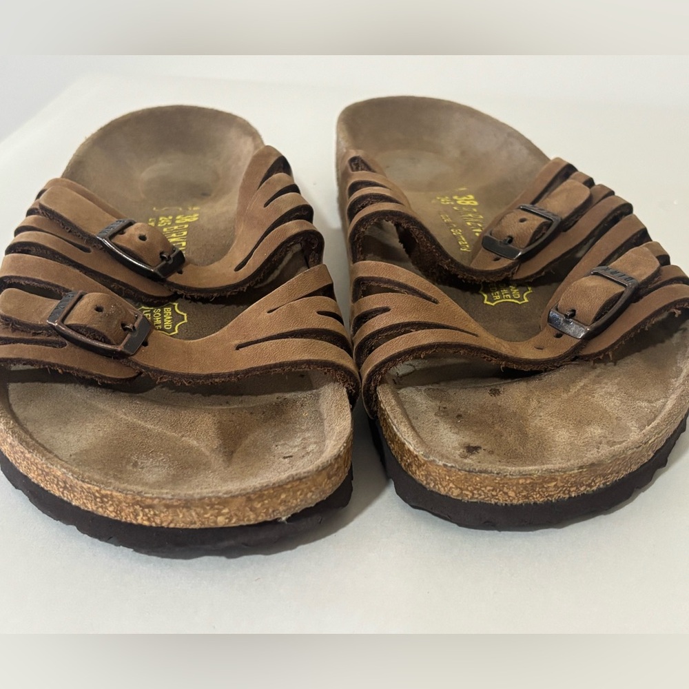 Birkenstock Tan Leather Double-Strap Slide Sandals - Picture 3 of 7